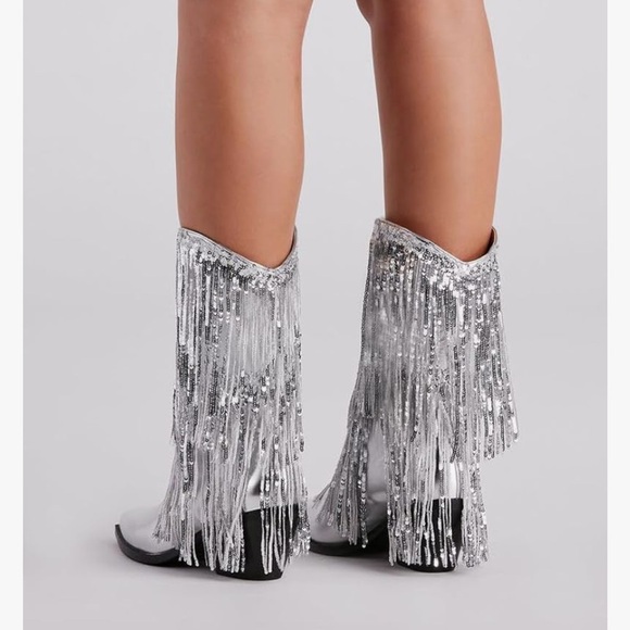 *NEW* TAYLOR SWIFT INSPIRED SILVER SEQUIN FRINGED COWBOY BOOTS 9.5 - Picture 2 of 9
